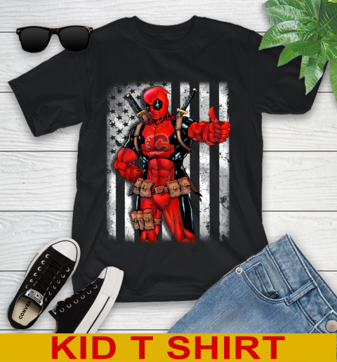 NHL Hockey Calgary Flames Deadpool American Flag Shirt Youth T-Shirt