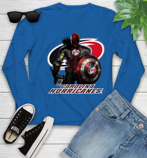 NHL Captain America Thor Spider Man Hawkeye Avengers Endgame Hockey Carolina Hurricanes Youth Long Sleeve 9