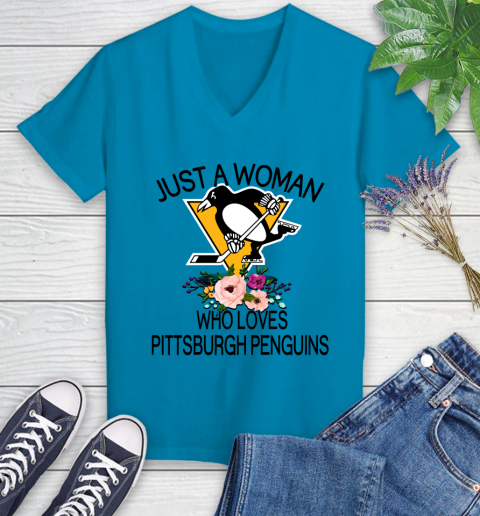 NHL Just A Woman Who Loves Pittsburgh Penguins Hockey Sports Women's V-Neck T-Shirt 4