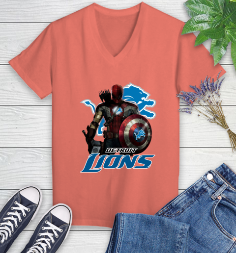 NFL Captain America Thor Spider Man Hawkeye Avengers Endgame Football Detroit Lions Women's V-Neck T-Shirt 6