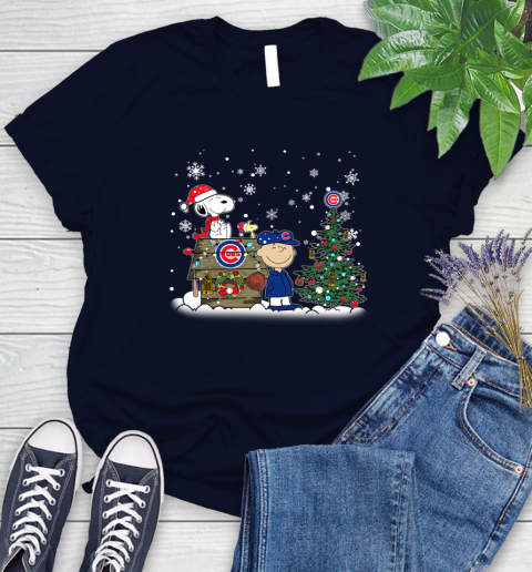 MLB Chicago Cubs Snoopy Charlie Brown Christmas Baseball Commissioner's Trophy Women's T-Shirt 2