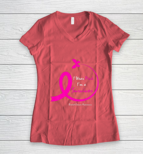 Womens Butterfly I Wear Pink I m A Survivor Breast Cancer Awareness Women's V-Neck T-Shirt 4