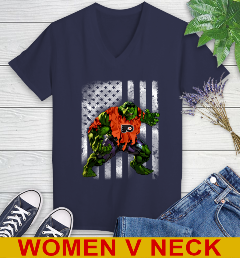 Philadelphia Flyers Hulk Marvel Avengers NHL Hockey American Flag Women's V-Neck T-Shirt 12