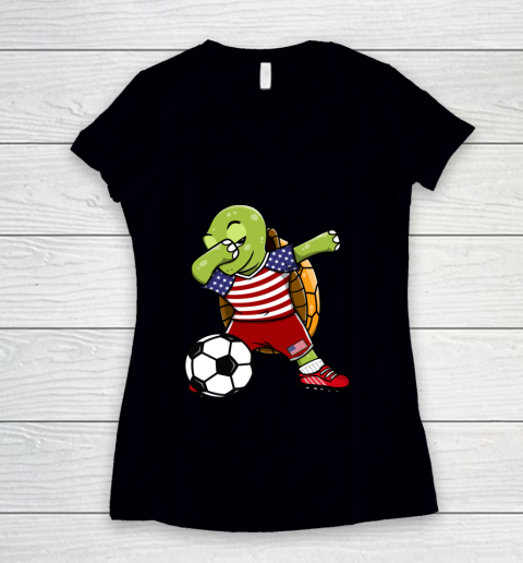 Dabbing Turtle America Soccer Fans US Flag Football Lovers Women's V-Neck T-Shirt