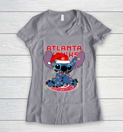 Atlanta Hawks NBA noel stitch Basketball Christmas Women's V-Neck T-Shirt 2