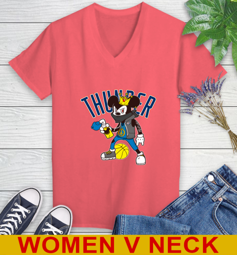 Oklahoma City Thunder NBA Basketball Mickey Peace Sign Sports Women's V-Neck T-Shirt 7