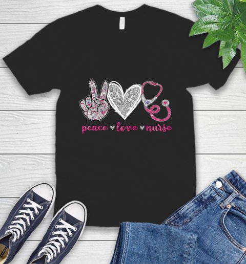 Nurse Shirt Peace Love Stethoscope Nurse T Shirt V-Neck T-Shirt