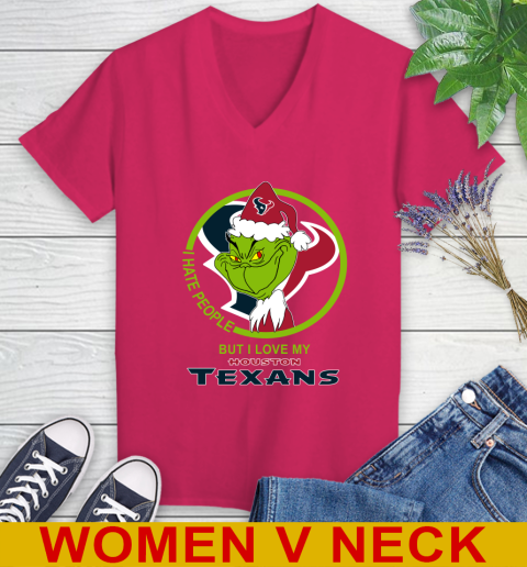 Houston Texans NFL Christmas Grinch I Hate People But I Love My Favorite Football Team Women's V-Neck T-Shirt 10