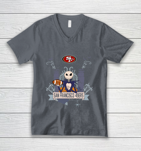 NFL San Francisco 49ers Football Jack Skellington Halloween V-Neck T-Shirt 4