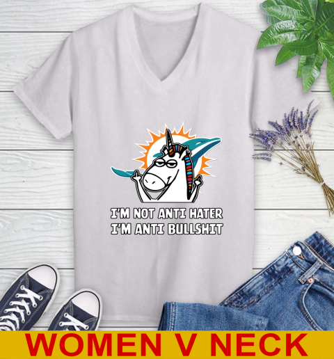 Miami Dolphins NFL Football Unicorn I'm Not Anti Hater I'm Anti Bullshit Women's V-Neck T-Shirt