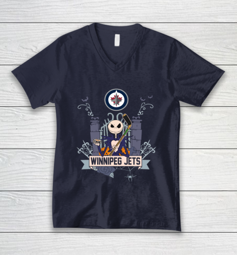 NHL Winnipeg Jets Hockey Jack Skellington Halloween V-Neck T-Shirt 2