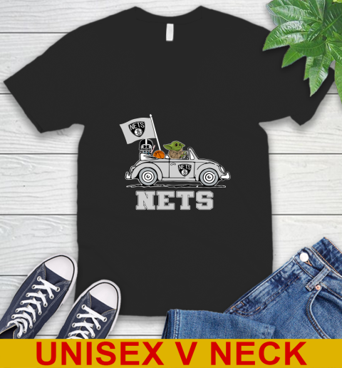 NBA Basketball Brooklyn Nets Darth Vader Baby Yoda Driving Star Wars Shirt V-Neck T-Shirt 2