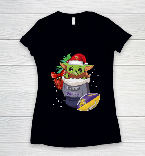 Minnesota Vikings Christmas Baby Yoda Star Wars Funny Happy NFL Women's V-Neck T-Shirt