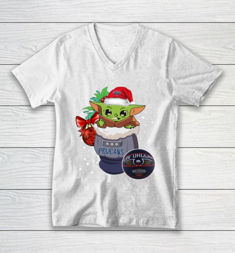 New Orleans Pelicans Christmas Baby Yoda Star Wars Funny Happy NBA V-Neck T-Shirt 2
