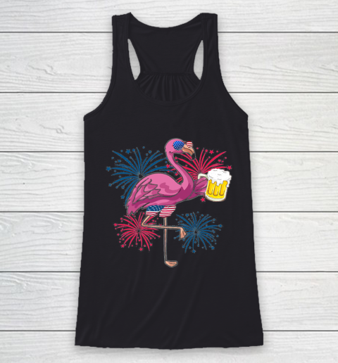 Beer Lover Funny Shirt Flamingo Cheer Beer American Flag Fireworks Independence Day Racerback Tank