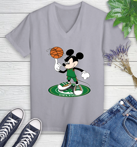 NBA Basketball Boston Celtics Cheerful Mickey Disney Shirt Women's V-Neck T-Shirt 4