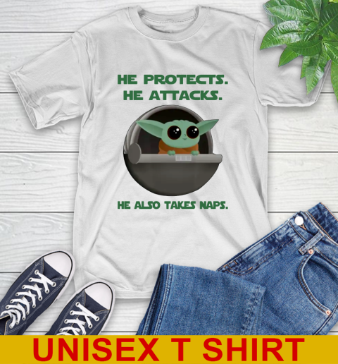He Protects He Attacks He Also Takes Naps Baby Yoda Star Wars Shirts T-Shirt