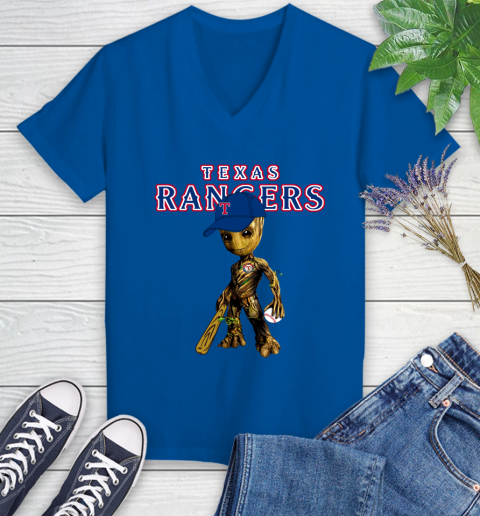 MLB Texas Rangers Groot Guardians Of The Galaxy Baseball Women's V-Neck T-Shirt 10