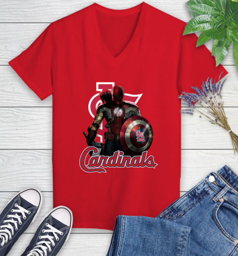 MLB Captain America Thor Spider Man Hawkeye Avengers Endgame Baseball St.Louis Cardinals Women's V-Neck T-Shirt 12