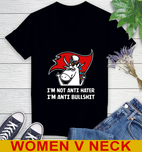 Tampa Bay Buccaneers NFL Football Unicorn I'm Not Anti Hater I'm Anti Bullshit Women's V-Neck T-Shirt 2
