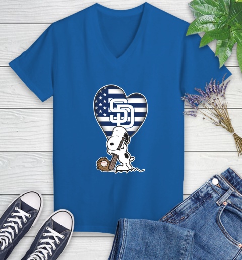 San Diego Padres MLB Baseball The Peanuts Movie Adorable Snoopy Women's V-Neck T-Shirt 10