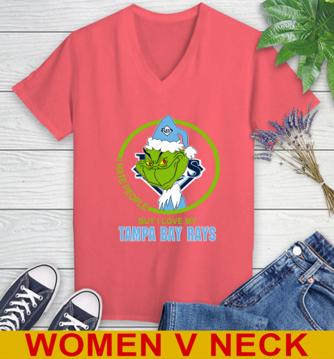 Tampa Bay Rays MLB Christmas Grinch I Hate People But I Love My Favorite Baseball Team Women's V-Neck T-Shirt 7