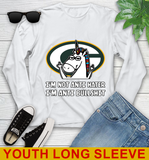 Green Bay Packers NFL Football Unicorn I'm Not Anti Hater I'm Anti Bullshit Youth Long Sleeve