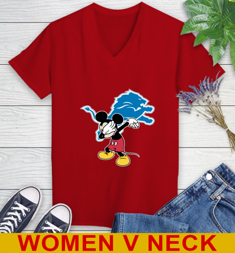 Detroit Lions NFL Football Dabbing Mickey Disney Sports Women's V-Neck T-Shirt 12