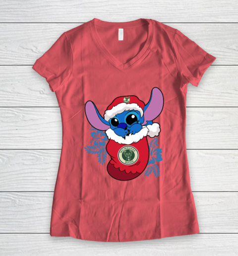 Milwaukee Bucks Christmas Stitch In The Sock Funny Disney NBA Women's V-Neck T-Shirt 6