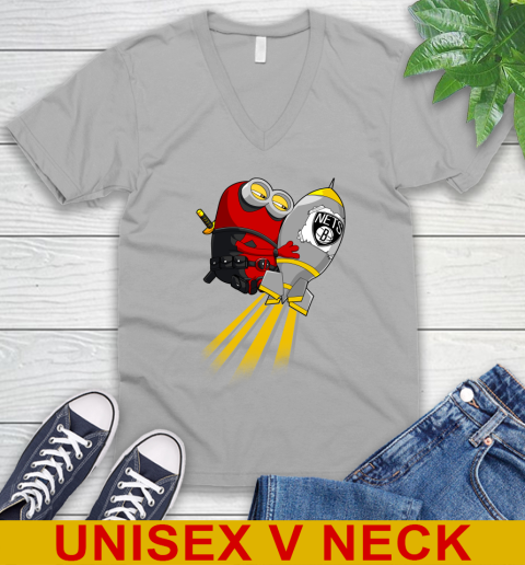 NBA Basketball Brooklyn Nets Deadpool Minion Marvel Shirt V-Neck T-Shirt 3