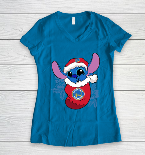 Golden State Warriors Christmas Stitch In The Sock Funny Disney NBA Women's V-Neck T-Shirt 7
