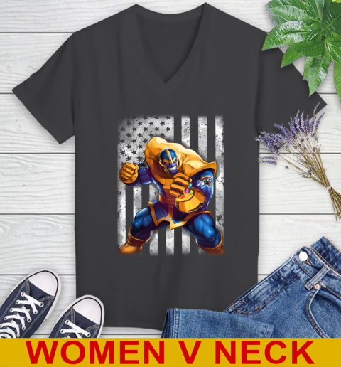 NBA Basketball Oklahoma City Thunder Thanos Marvel American Flag Shirt Women's V-Neck T-Shirt - Image 9