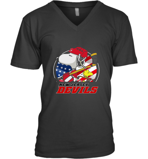 New Jersey Devils Ice Hockey Snoopy And Woodstock NHL V-Neck T-Shirt
