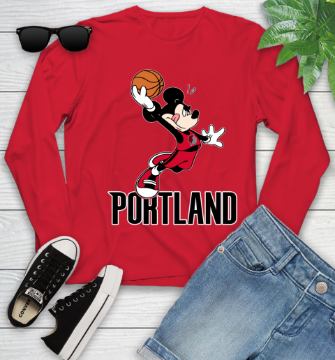 NBA Basketball Portland Trail Blazers Cheerful Mickey Mouse Shirt Youth Long Sleeve 11
