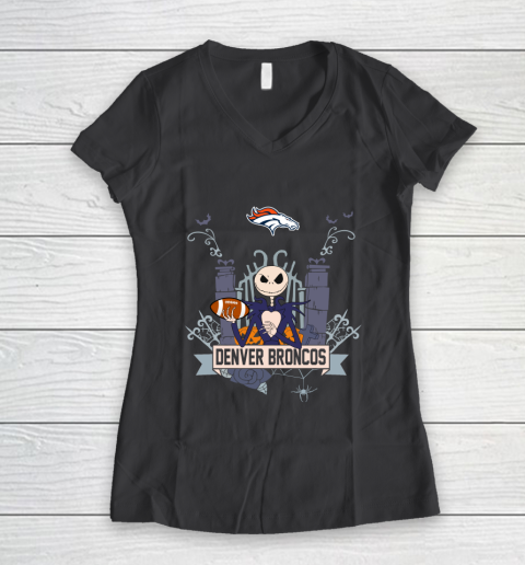 NFL Denver Broncos Football Jack Skellington Halloween Women's V-Neck T-Shirt 6