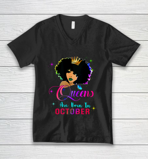 Queens Born october Black Girl Virgo Libra Birthday V-Neck T-Shirt