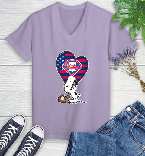Philadelphia Phillies MLB Baseball The Peanuts Movie Adorable Snoopy Women's V-Neck T-Shirt 14