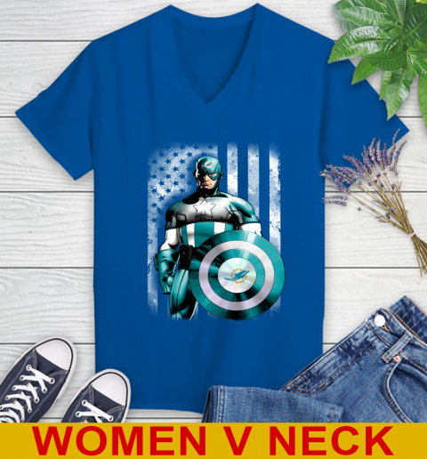 Miami Dolphins NFL Football Captain America Marvel Avengers American Flag Shirt Women's V-Neck T-Shirt 9
