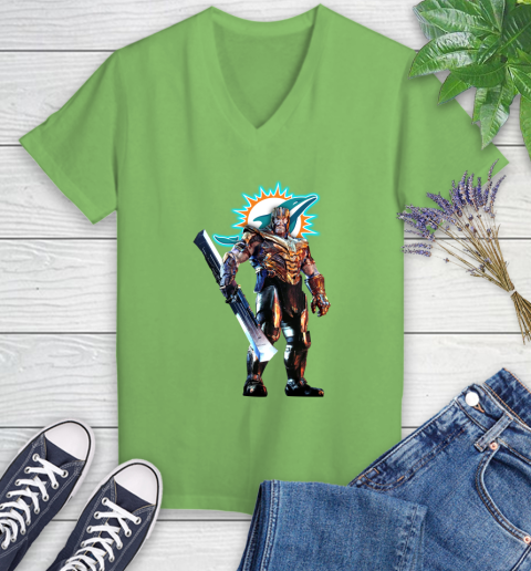 NFL Thanos Gauntlet Avengers Endgame Football Miami Dolphins Women's V-Neck T-Shirt 11