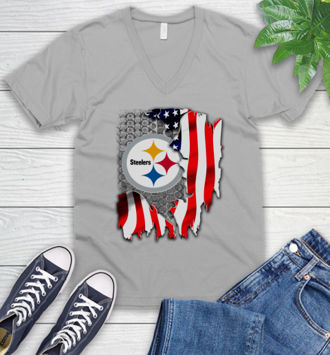 Pittsburgh Steelers NFL Football American Flag V-Neck T-Shirt 3