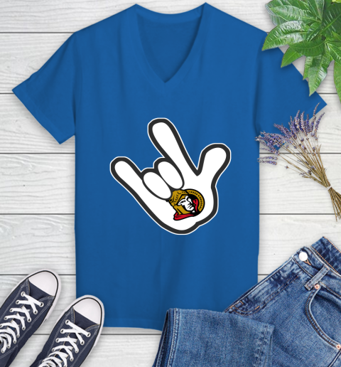 Ottawa Senators NHL Hockey Mickey Rock Hand Disney Women's V-Neck T-Shirt 10