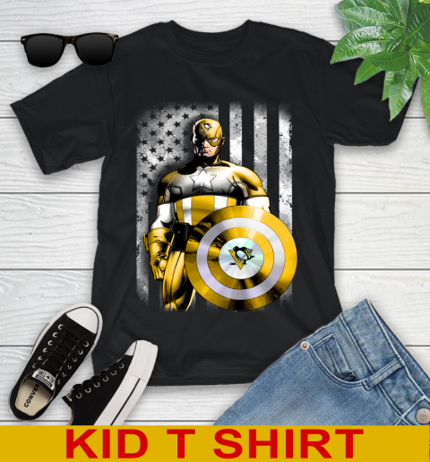 Pittsburgh Penguins NHL Hockey Captain America Marvel Avengers American Flag Shirt Youth T-Shirt