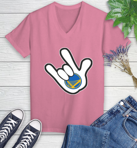 Golden State Warriors NBA Basketball Mickey Rock Hand Disney Women's V-Neck T-Shirt 13