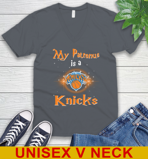 NBA Basketball Harry Potter My Patronus Is A New York Knicks V-Neck T-Shirt 4
