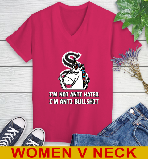 Chicago White Sox MLB Baseball Unicorn I'm Not Anti Hater I'm Anti Bullshit Women's V-Neck T-Shirt 10