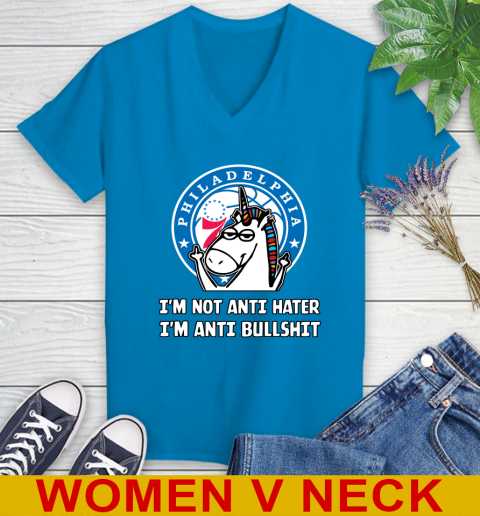Philadelphia 76ers NBA Basketball Unicorn I'm Not Anti Hater I'm Anti Bullshit Women's V-Neck T-Shirt 8