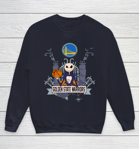 NBA Golden State Warriors Basketball Jack Skellington Halloween Youth Sweatshirt 2