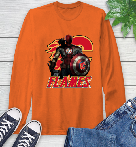 NHL Captain America Thor Spider Man Hawkeye Avengers Endgame Hockey Calgary Flames Long Sleeve T-Shirt 5