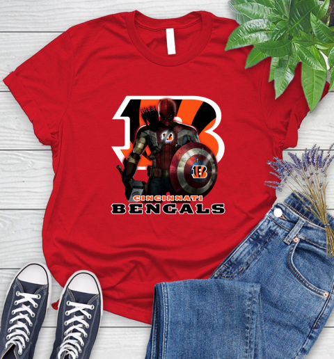 NFL Captain America Thor Spider Man Hawkeye Avengers Endgame Football Cincinnati Bengals Women's T-Shirt 9