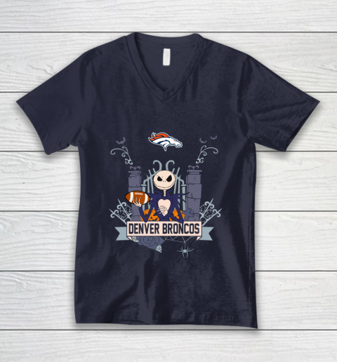 NFL Denver Broncos Football Jack Skellington Halloween V-Neck T-Shirt 2